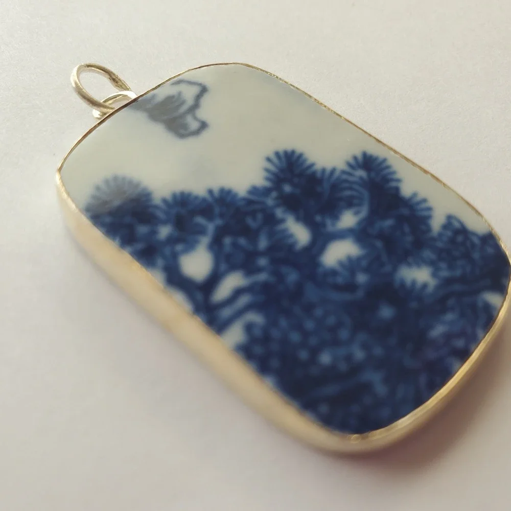 Vintage Blue & White Bonsai Tree Pottery Shard Pendant Chinoiserie Focal Jewelry